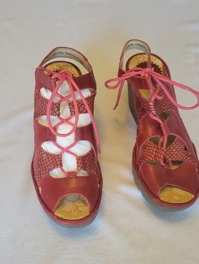 Fly London Women’s Red Lace-Up Wedge Sandals